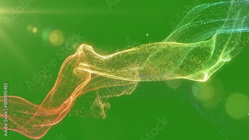 Glowing neon lights dancing on wet pavement with fast moving particle streams flowing on effect green screen particle trails style