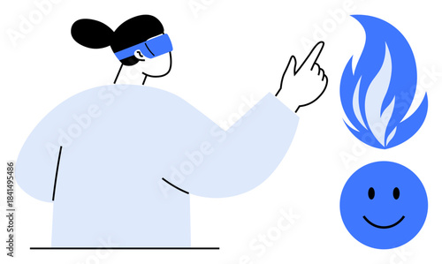 Virtual reality concept. Virtual reality user interacts with digital flame and happy face icons. Virtual reality enhances immersive digital experiences. Ideal for tech, innovation, design, and gaming