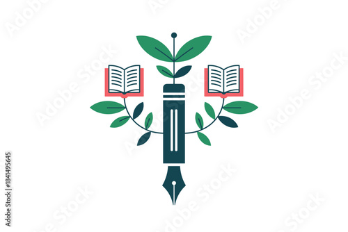 Vector illustration of a fountain pen with books and leaves growing around it