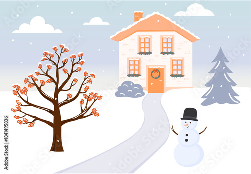 Cozy Winter House with Snowman