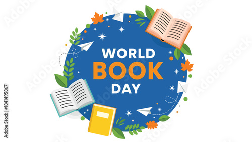 World book day logo with books and leaves on blue background