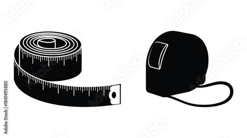 Measuring tools a tape measure in coil and a black retractable case