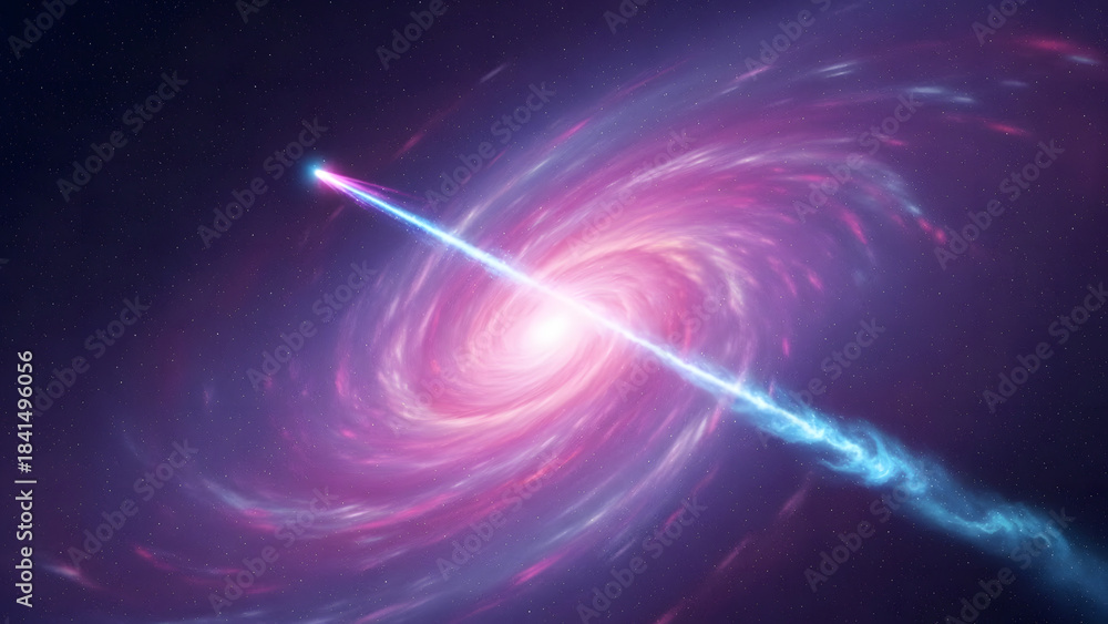 Obraz premium Blazar bright cosmic jet energy ray shooting from galaxy black hole into deep space