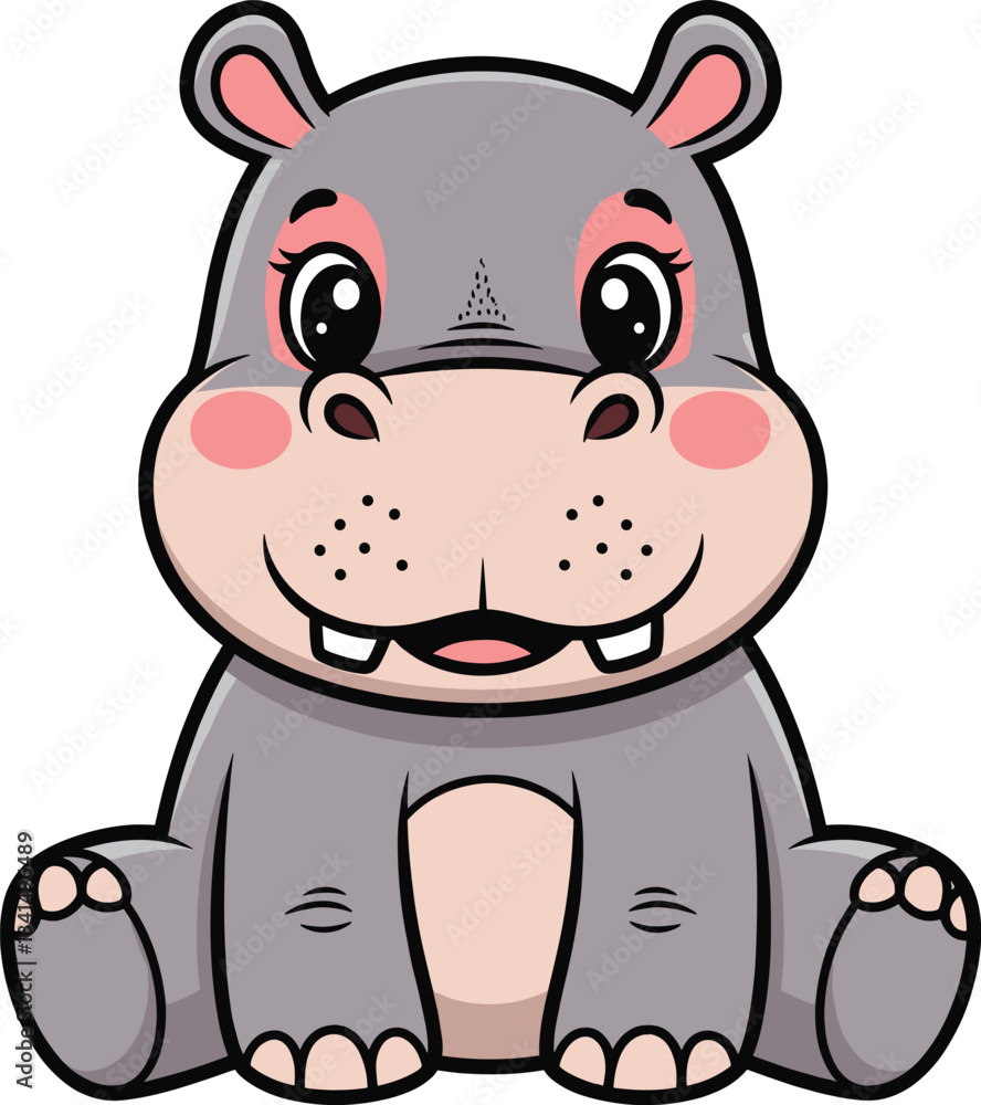 Obraz premium Cartoon Hippo Sitting with Big Smile Face
