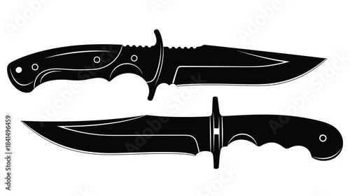 Two black and white illustrations of hunting knives with distinct designs