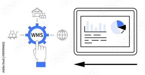 Warehouse management system concept. WMS icons connected to logistics, inventory, and supply chain data. WMS optimizing operations, inventory monitoring, and digital transformation. logistics
