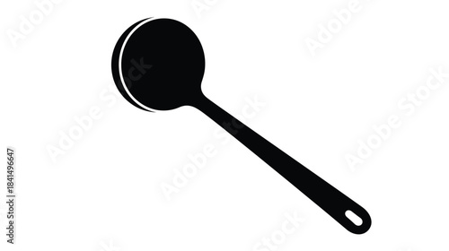 Simple black and white illustration of a single kitchen ladle on white background