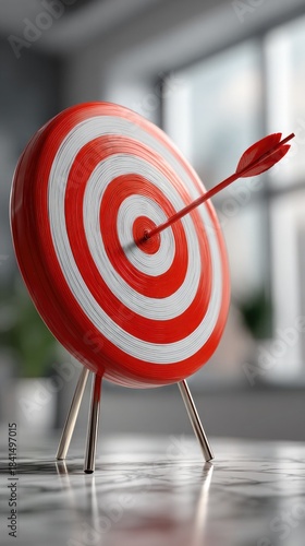 A target with red and white rings and an arrow in the center against the background of a white modern office. Concept of achieving business goals, determination and hitting the bull's eye.