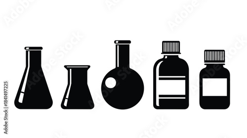 A collection of various laboratory glassware including flasks and bottles