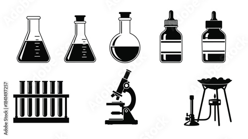 Black and white illustration of science lab equipment and glassware collection