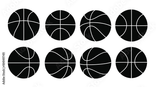 Eight black and white basketballs arranged in a grid pattern