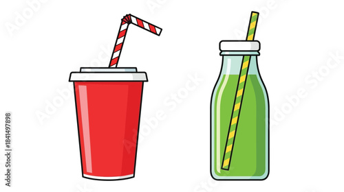 Illustration of two beverage containers a red cup and a green bottle
