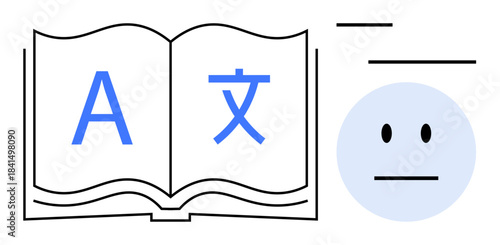Language education, translation services, multilingual learning, communication, cultural exchange, education tools. Open book showing letters from different languages and neutral face icon. Language