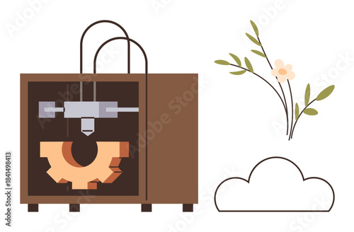 3D printer creating a gear, floral branch, and cloud outline signifying technology and nature harmony. Ideal for creativity, technology, eco-friendly design, modern innovation, sustainability, tech