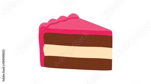 A vibrant slice of chocolate cake with pink frosting and layered filling