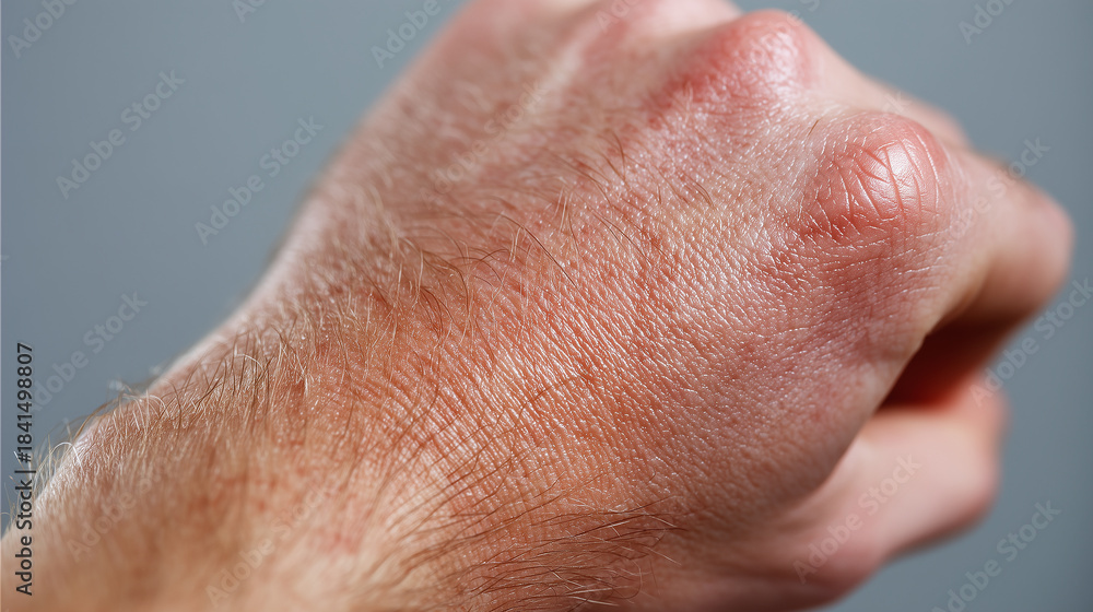 Naklejka premium Macro shot of natural human skin on back of hand, showing visible pores, fine hair, and texture, with neutral background and healthy appearance