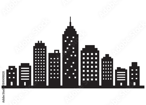 Black silhouette of a modern city skyline with tall buildings