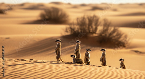 Group of curious meerkats standing alert on a sunlit sand dune in the arid desert landscape