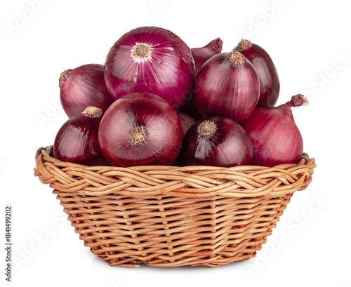 Onions in basket isolated on a white background, contour