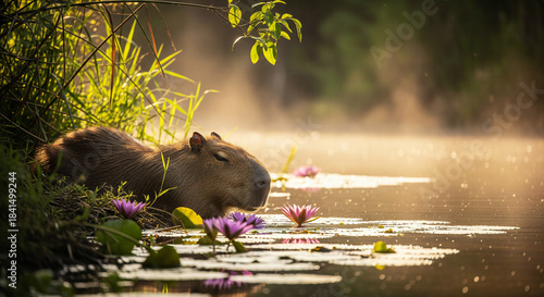 Capybara resting by the water's edge amidst pink water lilies in the morning mist