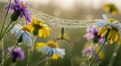 Spider suspended on a dew-covered web between purple and yellow wildflowers in a meadow