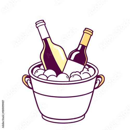 bottles in a bucket with ice cubes vector isolated, ice bucket with bottles vector illustration, beer bottles in ice bucket vector, champagne bottles in ice bucket isolated, beverage bottles chilling 