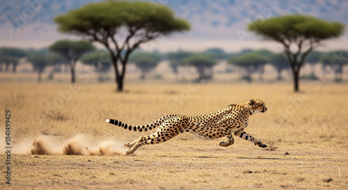Cheetah running at full speed, kicking up dust on the dry African savannah