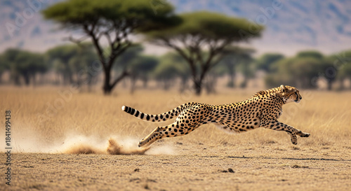 Cheetah sprinting across the dry African plain, leaving a trail of kicked-up dust