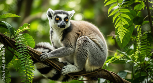 Ring-tailed lemur resting on a twisted vine in the dense, lush green rainforest