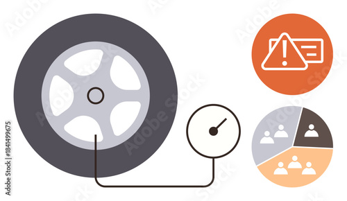 Car tire connected to pressure gauge emphasizing safety. Includes symbols for alert notifications and teamwork charts. Ideal for vehicle maintenance, safety awareness, teamwork, collaboration
