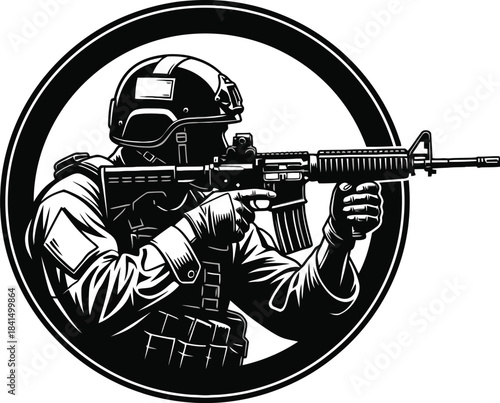 Tactical Soldier Aiming Rifle Vector Illustration