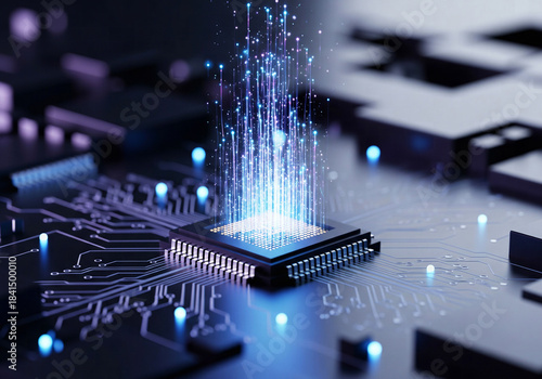Close-up of a processor on a circuit board with bright blue data points rising like a fountain