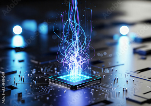 Microchip processor on a circuit board with vibrant energy threads rising and glowing blue light