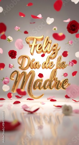 Vertical 3D Golden Script “Feliz Día de la Madre” with Floating Roses — Tall Promo Story