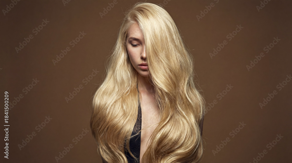 Naklejka premium A beautiful blonde woman with exceptionally long, voluminous, and healthy hair, gracefully draped over her shoulders, looks down thoughtfully