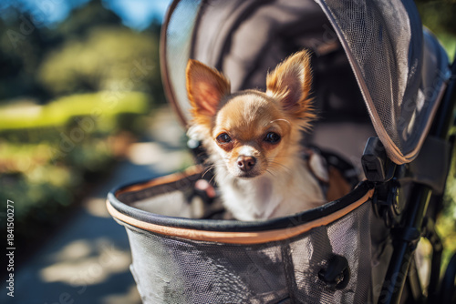 A tiny Chihuahua sits comfortably in a fashionable dog stroller with a mesh cover, enjoying a sunny day outdoors. The vibrant park setting adds to the joyful atmosphere