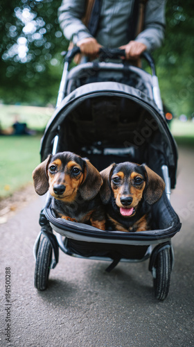 Two adorable Dachshund puppies relax together in a twin stroller while their smiling owner takes a walk in a lush, green park, enjoying the sunny day