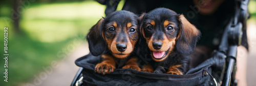 Two adorable Dachshund puppies relax together in a twin stroller while their smiling owner takes a walk in a lush, green park, enjoying the sunny day, banner