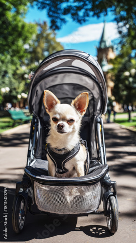 A tiny Chihuahua sits comfortably in a fashionable dog stroller with a mesh cover, enjoying a sunny day outdoors. The vibrant park setting adds to the joyful atmosphere