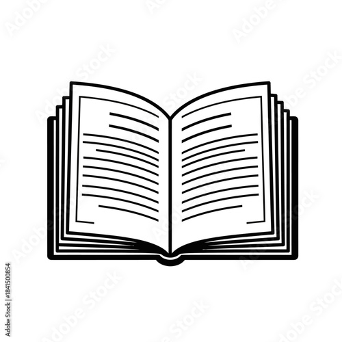 Black and white line art illustration of an open book with visible pages and text lines.