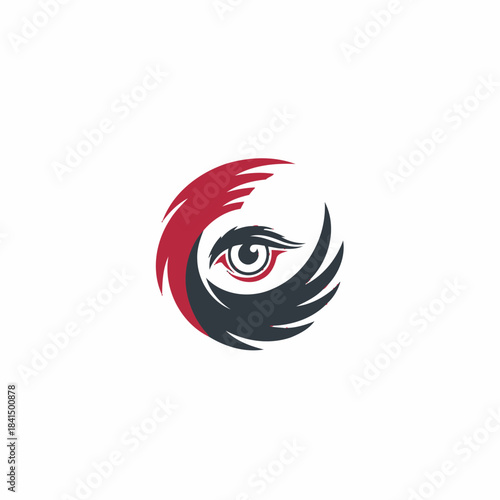 Stylized eye logo with red and black wing-like shapes forming a circular design, suggesting a bird or watchful gaze.