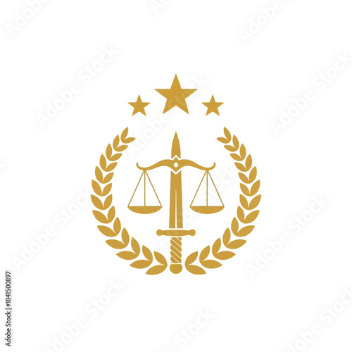 A golden emblem featuring scales of justice, a sword, laurel wreath, and three stars, symbolizing law and order.