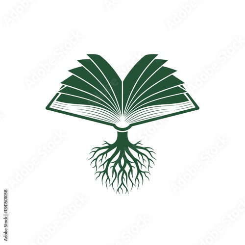 Green open book with fanned pages and roots, symbolizing knowledge and growth.