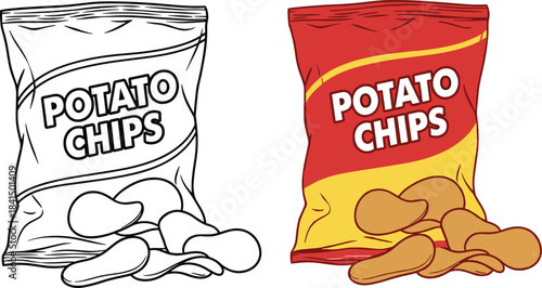 Crispy Potato Chips Bag, Open and Spilling Salty Snack Food, Classic Red and Yellow Packaging, Cartoon Outline and Color Vector Illustration.