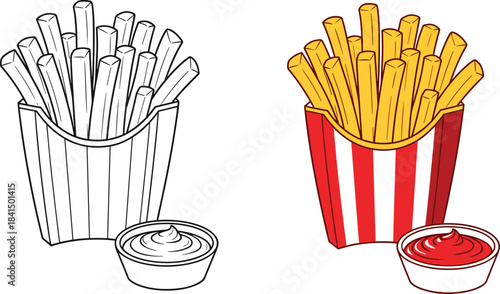 Delicious American Fast Food French Fries with Dipping Ketchup Sauce, Served in Classic Red and White Striped Carton, Cartoon Outline and Color Vector Illustration.