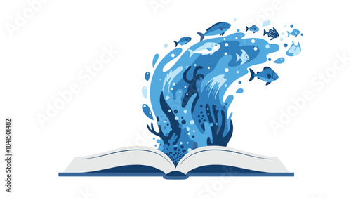 Illustration of an open book with a wave of blue water and fish coming out of it