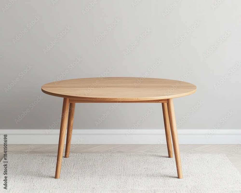Fototapeta premium Elegant midcentury coffee table with a smooth rounded top, light oakwood finish, and spindle legs