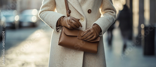 A stylish woman in a light coat with a brown clutch bag and gloves creates an image of elegance suitable for fashion magazines or advertising banners.