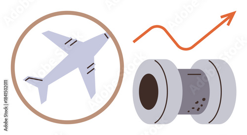 Jet airplane, engine turbine, and upward arrow representing aviation, innovation, growth, progress, technology aerospace success. Ideal for business engineering and industrial technology. Simple