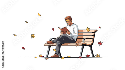 Illustration of man sitting on a bench reading a book on a beautiful autumn day with leaves falling around him